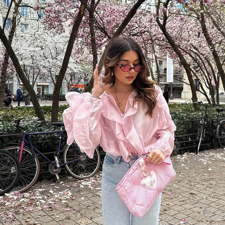 Saga Ruffled Top In Pink - front shot on model outdoors - Miss Mosa By Akanksha