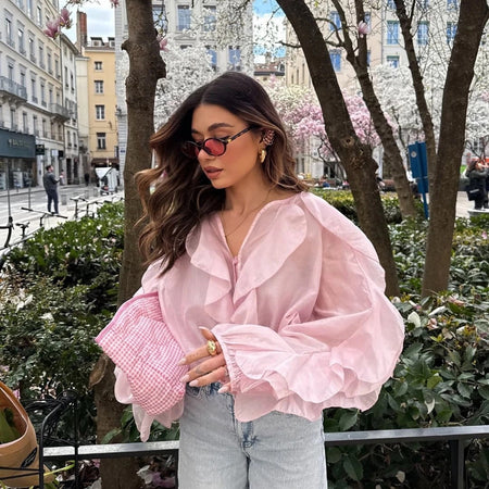 Saga Ruffled Top In Pink - side shot on model outdoors - Miss Mosa By Akanksha
