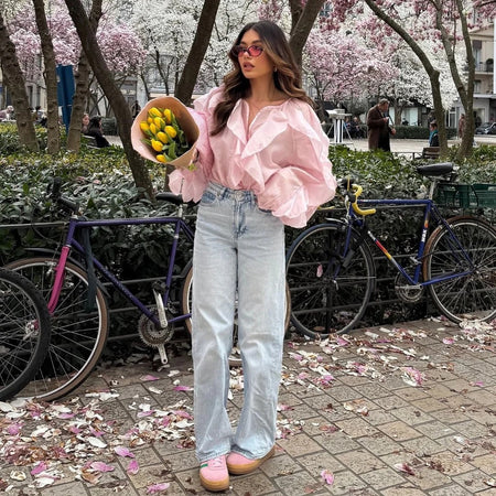 Saga Ruffled Top In Pink - full-length shot on model outdoors - Miss Mosa By Akanksha