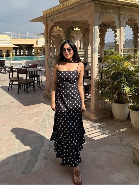 Sakura Polka Maxi Dress With Scarf - styled shot, black with white polka dots - Miss Mosa By Akanksha
