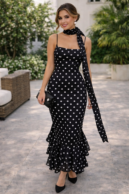 Sakura Polka Maxi Dress With Scarf - front shot, black with white polka dots - Miss Mosa By Akanksha
