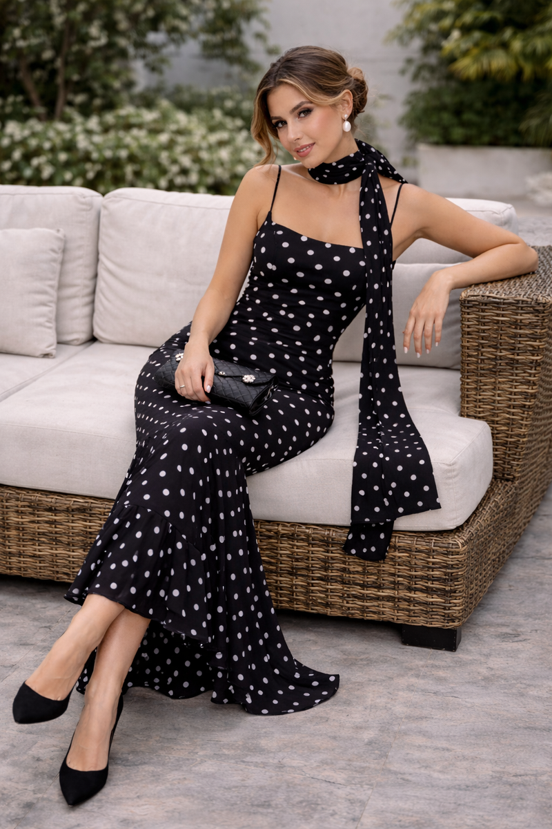 Sakura Polka Maxi Dress With Scarf