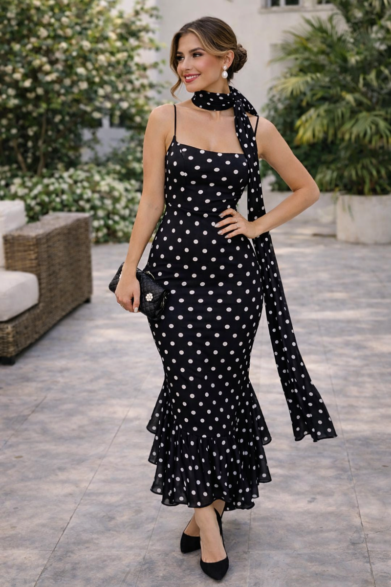 Sakura Polka Maxi Dress With Scarf