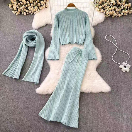 Sal Luxe Winter Coord Set with Scarf - flat-lay shot of knit set with scarf, mint green - Miss Mosa By Akanksha