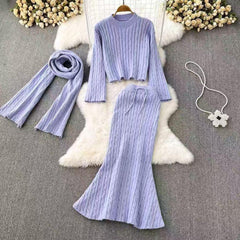 Sal Luxe Winter Coord Set with Scarf - flat-lay shot of knit set with scarf, lilac - Miss Mosa By Akanksha