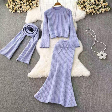 Sal Luxe Winter Coord Set with Scarf - flat-lay shot of knit set with scarf, lilac - Miss Mosa By Akanksha