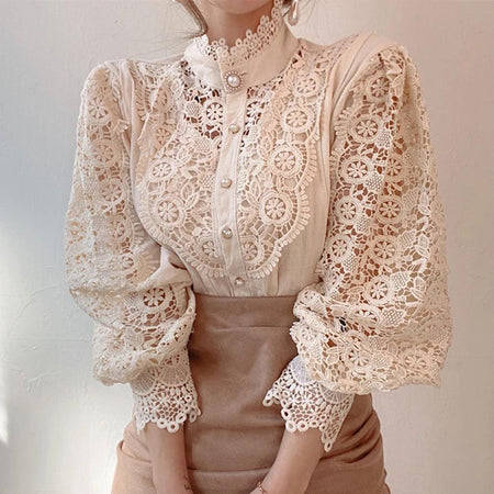 Sale Luxury Lace Blouse - front shot on model, beige - Miss Mosa By Akanksha