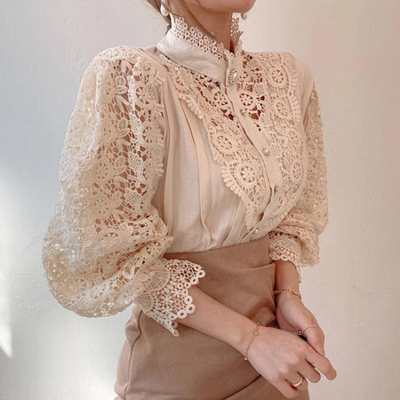 Sale Luxury Lace Blouse - side shot on model, beige - Miss Mosa By Akanksha