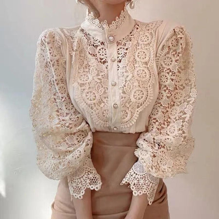 Sale Luxury Lace Blouse - front shot on model, beige - Miss Mosa By Akanksha