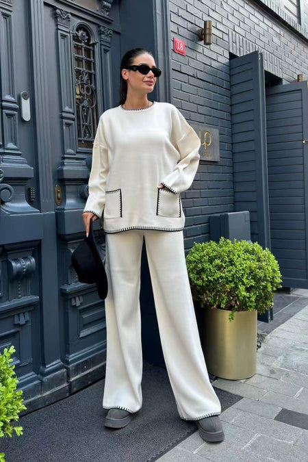 Sally Luxe Winter Coord Set- Set of Top and Pants - full-length front shot on model outdoors, cream - Miss Mosa By Akanksha