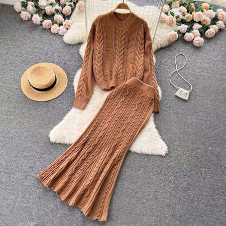 Salma Knitted Woolen Coord Set - styled flat-lay shot, brown - Miss Mosa By Akanksha