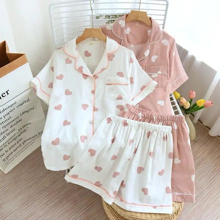 Salmon Heart Cotton Nightsuit - flat-lay product shot of pyjama sets, white and pink - Miss Mosa By Akanksha