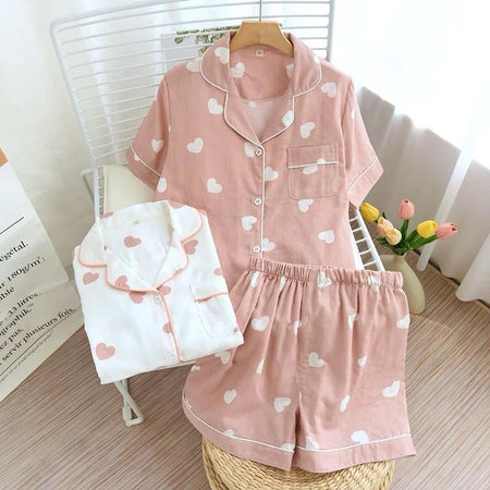 Salmon Heart Cotton Nightsuit - flat-lay product shot of pyjama sets, white and pink - Miss Mosa By Akanksha