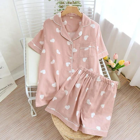 Salmon Heart Cotton Nightsuit - flat-lay product shot of pyjama set, pink - Miss Mosa By Akanksha