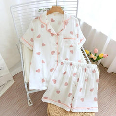 Salmon Heart Cotton Nightsuit - flat-lay product shot of pyjama set, white and pink - Miss Mosa By Akanksha