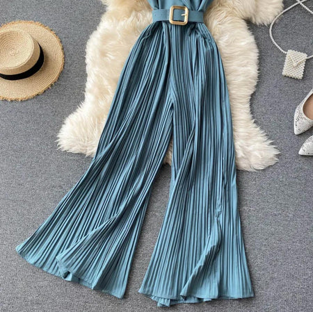 Salogan Formal Jumpsuit - close-up flat-lay shot of the pleated wide-leg trousers, teal blue - Miss Mosa By Akanksha