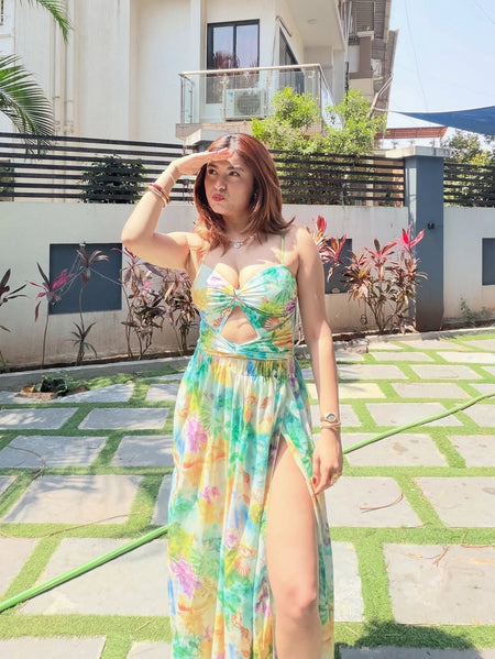 Salome Cutout Swimsuit With Skirt - full-length shot, green and yellow floral print - Miss Mosa By Akanksha