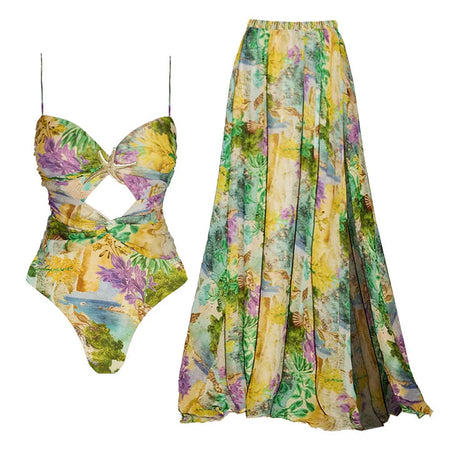 Salome Cutout Swimsuit With Skirt - flat-lay shot, green and yellow floral print - Miss Mosa By Akanksha