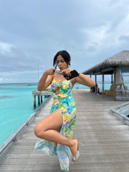 Salome Cutout Swimsuit With Skirt - full-length shot, green and yellow floral print - Miss Mosa By Akanksha