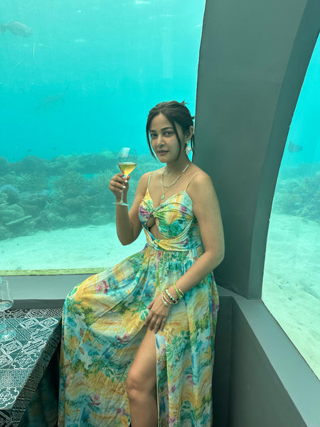 Salome Cutout Swimsuit With Skirt - close-up shot, green and yellow floral print - Miss Mosa By Akanksha