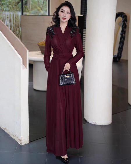 Salome Embellished Maxi Dress - full-length front shot, burgundy - Miss Mosa By Akanksha
