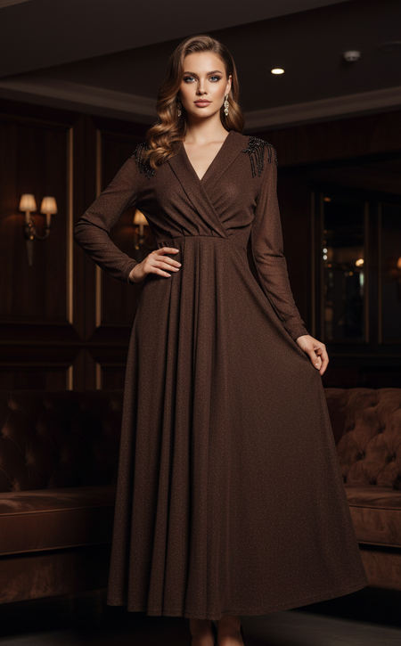 Salome Embellished Maxi Dress - full-length front shot, chocolate brown - Miss Mosa By Akanksha