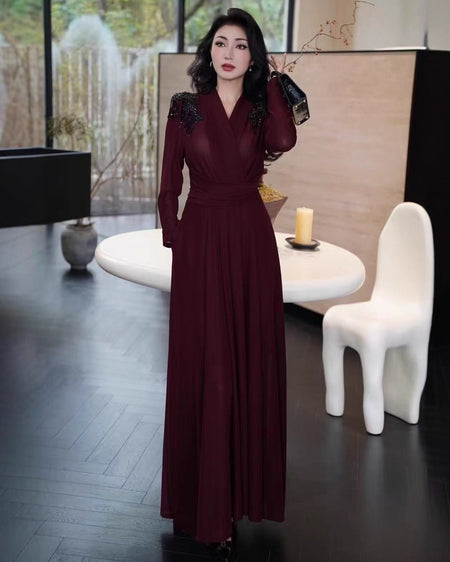 Salome Embellished Maxi Dress - full-length front shot, burgundy - Miss Mosa By Akanksha