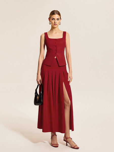 Salome Vest Coord Skirt Set - front full-length shot, dark red - Miss Mosa By Akanksha