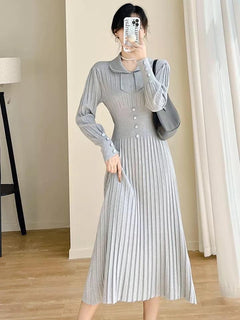 Salsburg Woolen Bodycon Dress - full-length shot on model, grey - Miss Mosa By Akanksha