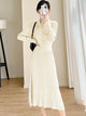 Salsburg Woolen Bodycon Dress - full-length shot on model, cream - Miss Mosa By Akanksha
