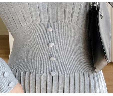 Salsburg Woolen Bodycon Dress - close-up of waist buttons, grey - Miss Mosa By Akanksha