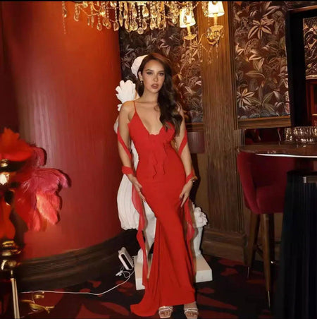 Salvia Ruffled Maxi Dress With Scarf - full-length front shot on model, red - Miss Mosa By Akanksha
