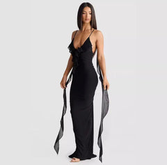 Salvia Ruffled Maxi Dress With Scarf - full-length front shot on model, black - Miss Mosa By Akanksha