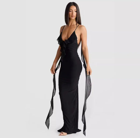 Salvia Ruffled Maxi Dress With Scarf - full-length front shot on model, black - Miss Mosa By Akanksha