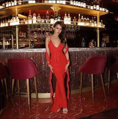 Salvia Ruffled Maxi Dress With Scarf - front shot on model at bar, red - Miss Mosa By Akanksha