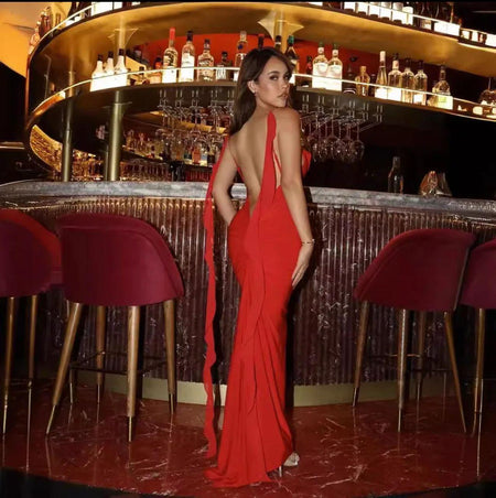 Salvia Ruffled Maxi Dress With Scarf - back shot on model at bar, red - Miss Mosa By Akanksha