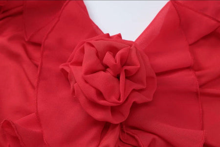 Salvia Ruffled Maxi Dress With Scarf - close-up of ruffle rosette detail, red - Miss Mosa By Akanksha