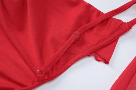 Salvia Ruffled Maxi Dress With Scarf - close-up of adjustable straps, red - Miss Mosa By Akanksha
