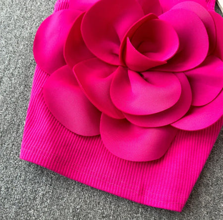 Saly Rosette Oneshoulder Top - close-up of rosette flower detail, hot pink - Miss Mosa By Akanksha