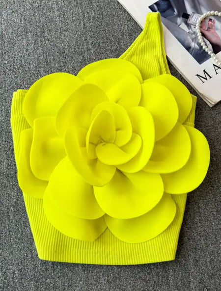 Saly Rosette Oneshoulder Top - front flat-lay product shot, yellow - Miss Mosa By Akanksha