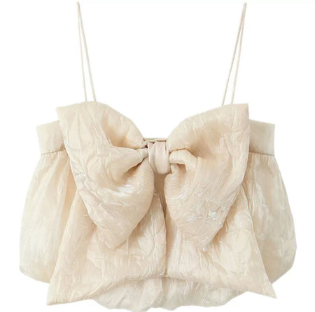 Sama Bow Crop Top In Beige - flat-lay product shot of bow crop top - Miss Mosa By Akanksha