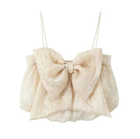 Sama Bow Crop Top In Beige - flat-lay product shot of bow crop top - Miss Mosa By Akanksha