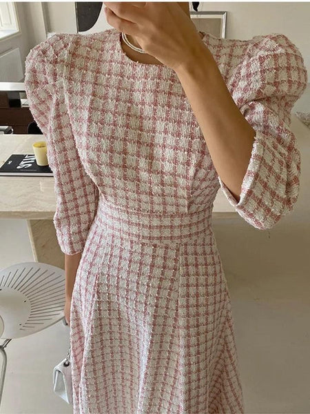 Samaica Elegant Tweed Dress In Pink - front shot on model, pink - Miss Mosa By Akanksha