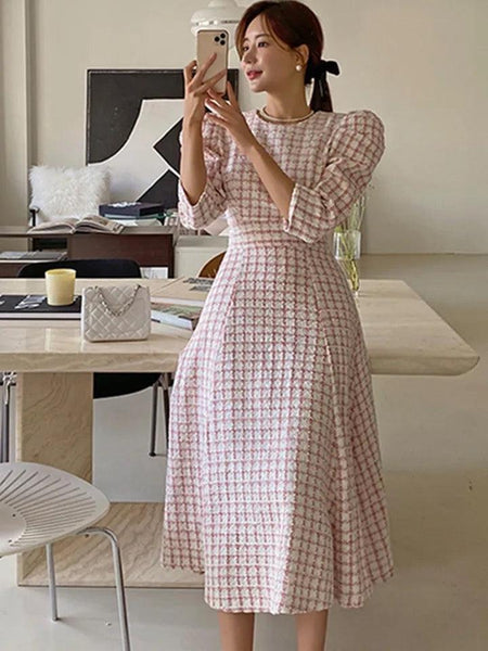 Samaica Elegant Tweed Dress In Pink - full-length shot on model, pink - Miss Mosa By Akanksha