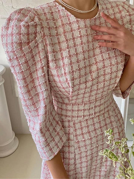 Samaica Elegant Tweed Dress In Pink - close-up of tweed fabric, pink - Miss Mosa By Akanksha