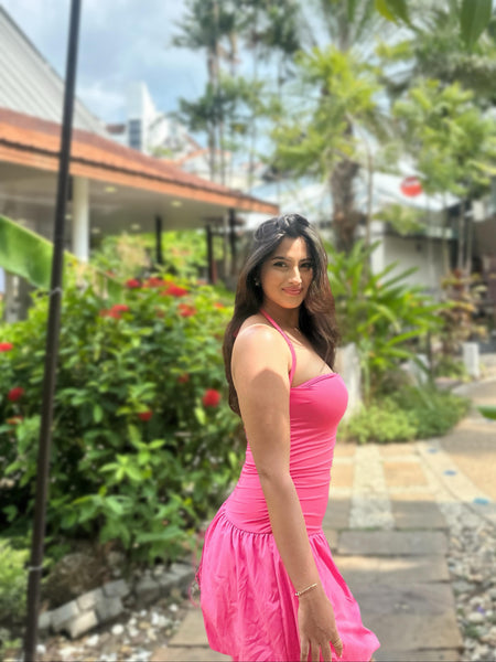 Samantha Halterneck Balloon Dress - side shot on model, pink - Miss Mosa By Akanksha