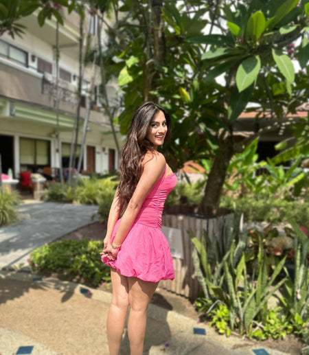 Samantha Halterneck Balloon Dress - back shot on model, pink - Miss Mosa By Akanksha
