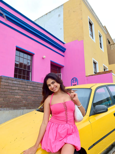 Samantha Halterneck Balloon Dress - full-length shot, hot pink - Miss Mosa By Akanksha
