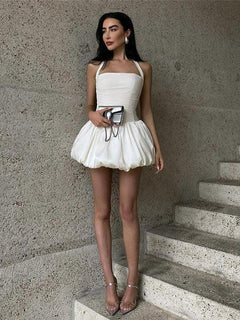 Samantha Halterneck Balloon Dress - front shot on model, off-white - Miss Mosa By Akanksha