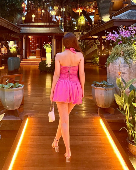 Samantha Halterneck Balloon Dress - back shot on model, pink - Miss Mosa By Akanksha